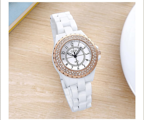 Womens Luxury Wrist Watch Fashion Rhinestone White Ceramic Watch Casual Lady Nice Dress Watches (Rose Gold)...