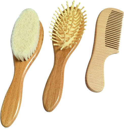 3 Piece Baby Hair Brush and Comb Set for Newborn & Toddlers- Natural Wooden Hairbrush with Soft Goat Bristles for Cradle Cap - Perfect Scalp Groom...