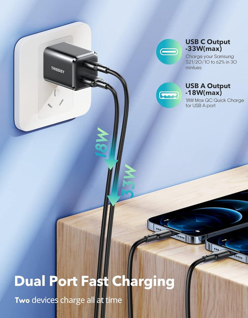 THREEKEY 33W Dual USB C Charger, Fast Charging Power Adapter Compatible with iPhone 12-16, iPad Pro, MacBook, Samsung S23/S22/Note 20/10/9/8 (Blac...