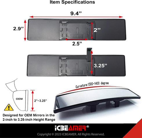 9.4" ICBEAMER Clip On Rear View Mirror | Convex Clear Tint, Panoramic Wide Angle HD Glass, Anti Glare, Universal Fit for Car, SUV, Truck | Elimina...