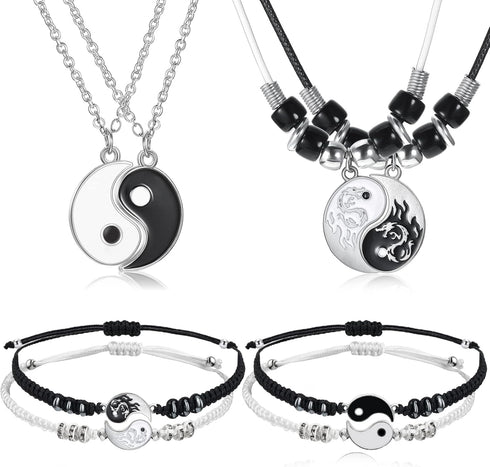 8 Pieces Matching Yin Yang Pendant Necklace Bracelet Set Couple Necklace Adjustable Cord Bracelet Black White Bracelet Accessories for BFF Friends...