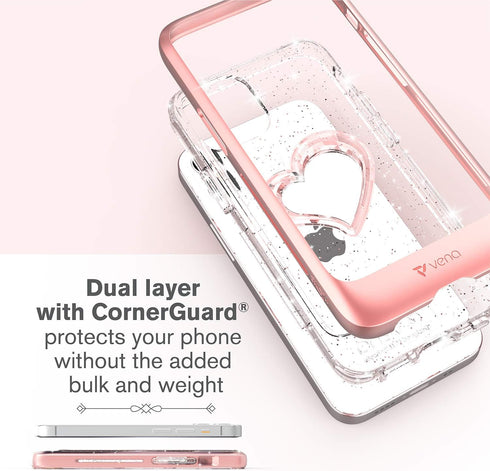 VENA iPhone 12 Mini Glitter Case, vLove (Heart Shape, CornerGuard Protection) Dual Layer Slim Hybrid Clear Bumper Cover Designed for Apple iPhone ...
