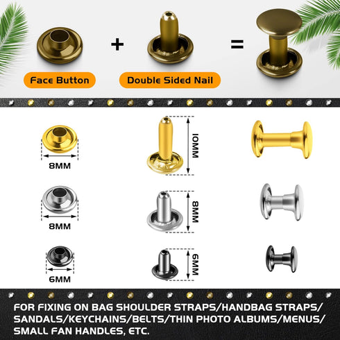 Jetmore 480 Pack Leather Rivets, Brass Rivets for Fabric, Leather Rivet Kit, Double Cap Rivet for DIY Leather Craft, Hats, Purse, Shoes, Bag, Rema...
