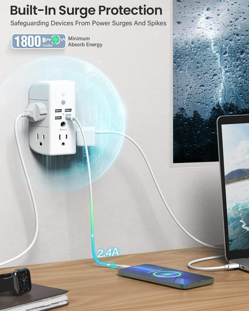 Wall Outlet Extender with Shelf and Night Light,Surge Protector,USB Wall Charger with 5 AC Outlets and 3 USB Ports 1 USB C Outlet Wide Space 3-Sid...
