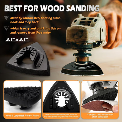 136Pcs Oscillating Tool Sanding Pad Kit, Contains 6Pcs Triangle Sanding Pads and 130Pcs Multitool Sandpaper, 60 80 100 120 240 Grits Oscillating M...