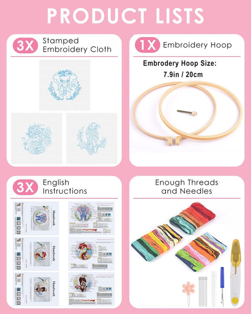 TINDTOP 3 Sets Embroidery Kit for Adult, Embroidery Kit Include Embroidery Cloth Hoops Threads for Craft Lover Hand Stitch with Embroidery Skill T...