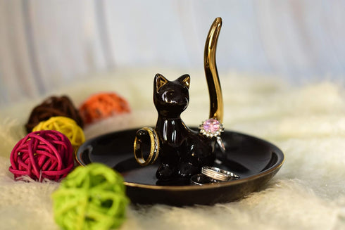 Happy Cat Posture Trinket Tray Decorative Ring Holder Jewelry Storage Dish Black/Golden Tail...