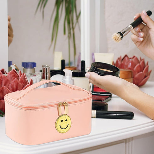 Preppy Patch Makeup Bag Leather Cosmetic Bag Large Makeup Pouch, Portable Waterproof Travel Toiletry Organizer,Cute Preppy Makeup Bag for Women Gi...
