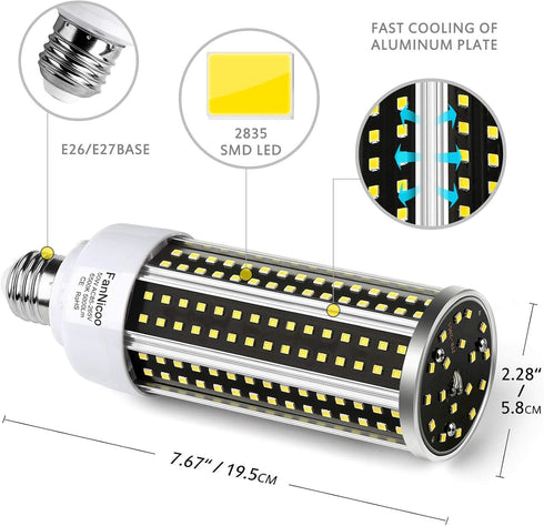 2 Pack LED Corn Light Bulb 500W Equivalent 5000 Lumen 6500k 50W Large Area Cool Daylight White Corn Bulb for Outdoor Indoor Garage Warehouse Facto...