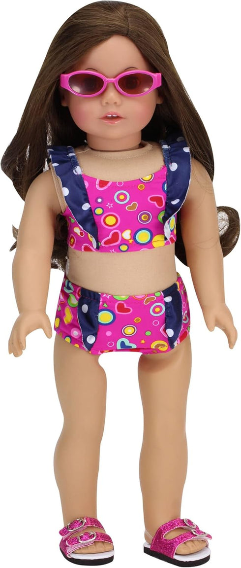 Sophia's 18" Doll 3 pc. Hot Pink Print with Navy Ruffle 2 pc. Swimsuit and Sunglasses...