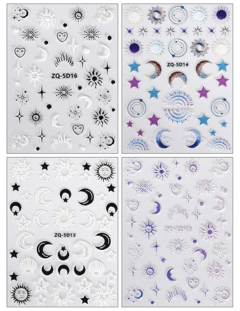 JMEOWIO 3D Embossed Moon Star Sun Nail Art Stickers Decals Self-Adhesive Pegatinas Uñas 5D Black White Heart Nail Supplies Nail Art Design Decorat...