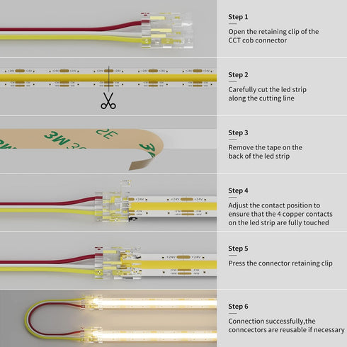 PAUTIX 10mm Connectors for CCT COB LED Strip Light 3 Pin Solderless Terminal Extension Connection Kit,4pcs Dual End Extension Connectors,2pcs Stri...