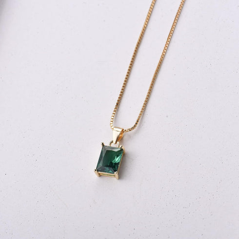 espere Baguette CZ Pendant Necklace | 14K Gold Plated Sterling Silver | Emerald Baguette Pendant Dainty Box Chain Necklace 18''...