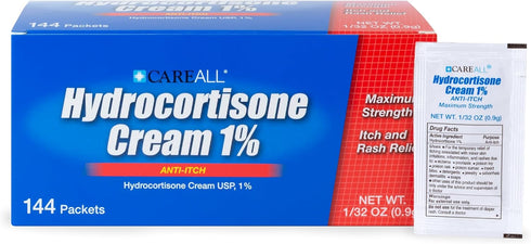 CareAll Hydrocortisone Cream 1% (144 Pack), 0.9gr Foil Packet. Maximum Strength Formulation, Anti-Itch Rash Skin Cream Relieves Itching, Eczema, I...