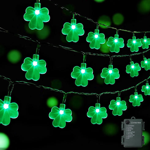 WATERGLIDE 1 Pack St. Patricks Day Shamrocks Lights, 50 LED Outdoor Decorative String Lights, Battery Operated Lucky Clover Light, 8 Lighting Mode...