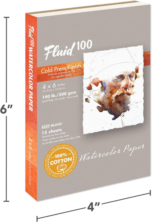 Fluid 100 Watercolor Paper Block, 4 x 6 inches, 15 Sheets, 140 lb (300 GSM) 100% Cotton Cold Press Pad for Artist Painting and Wet Media...