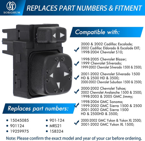 Sorghum Power Mirror Switch - Power Mirror Control Switch Button Compatible with 1998-2002 Chevrolet Blazer Tahoe Silverado Suburban GMC Sierra Yu...