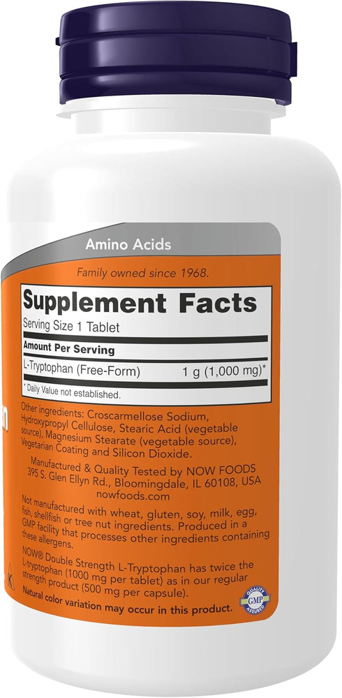 NOW Supplements, L-Tryptophan 1,000 mg, Double Strength, Encourages Positive Mood*, Supports Relaxation*, 60 Tablets...