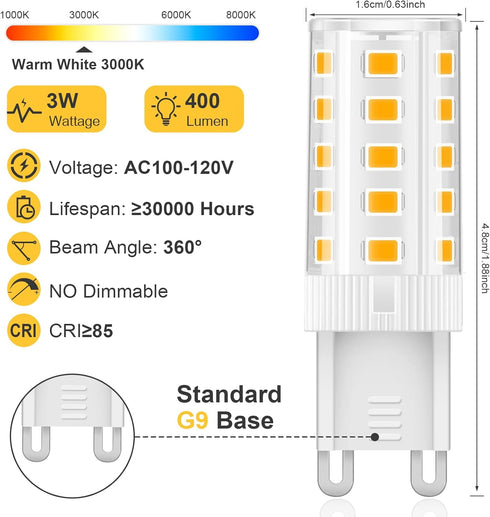 G9 LED Bulb Warm White 3W, 3000K Non-Dimmable, 30 Watt T4 G9 Halogen Equivalent, 120V No-Flicker, Chandelier Lighting 400LM...