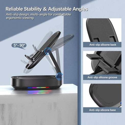 Cell Phone Stand with Wireless Bluetooth Speaker, Unique Gifts for Men/Women, Adjustable Phone Holder with 5 Colorful LED Modes, Anti-Slip Base HD...