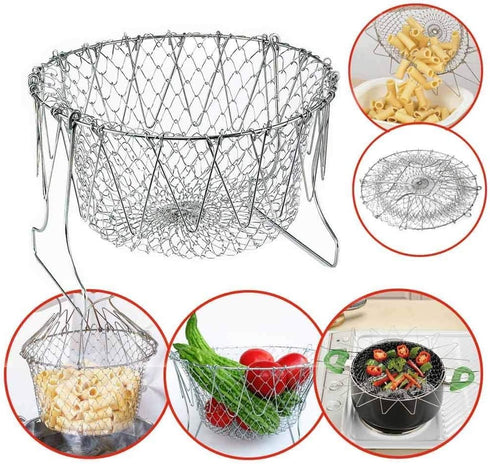 304 Stainless Steel Foldable Steam Rinse Strain Fry Basket Strainer Net Kitchen Cooking Tool for Fried Food or Fruits...