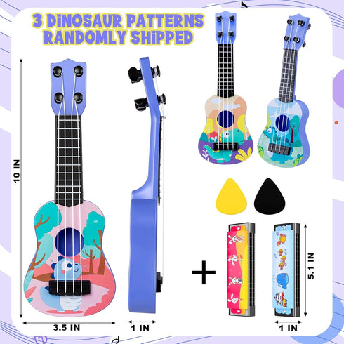 Kids Guitar 10" Musical Toy Guitar, Classical Mini Toddler Ukulele with 2 Extra Harmonica 16 Holes and 2 Guitar pick (Dinosaur)...
