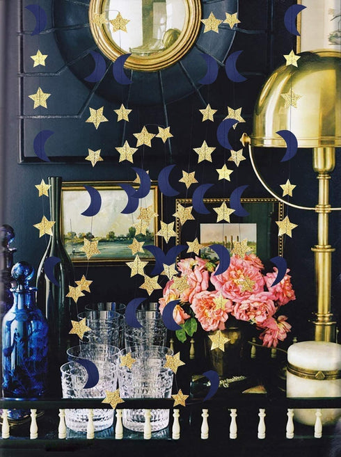 Moon and Star Garland Decorations - Navy Gold Glitter Outer Space Birthday Party Hanging Decorations for Honey Moon Wedding Engagement and Baby Sh...