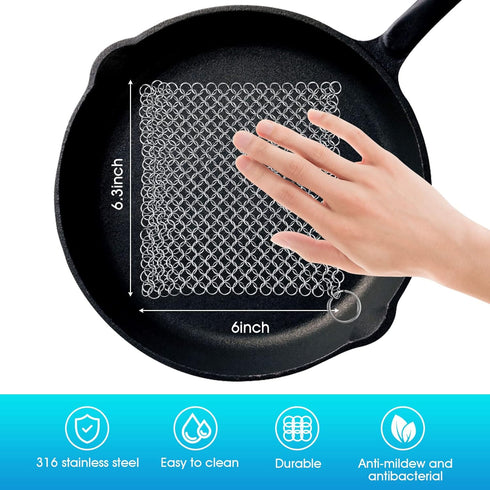 Cast Iron Cleaner 6"x6.3" 316L Stainless Steel Chainmail Scrubber for Griddle Skillet Dutch Oven Wok Stainless Steel Pot Cast Iron Pan Support Dis...