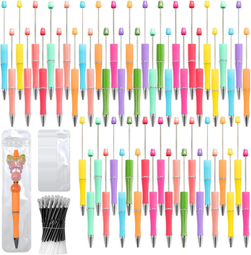 150 Pieces DIY Beadable Pens Kit - 50 plastic Beadable Pens Bulk, Refills & pen bags Included - Beaded Pens Black Ink Ballpoint Cute Pens?Bright?...