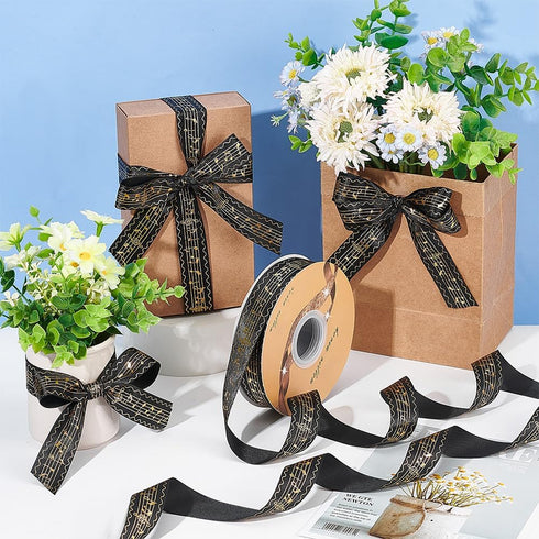 48 Yards Musical Note Ribbon, Black Polyester Musical Notes Craft Ribbon Single Face Hot Stamping Satin Ribbon for Gift Packaging Party Decoration...