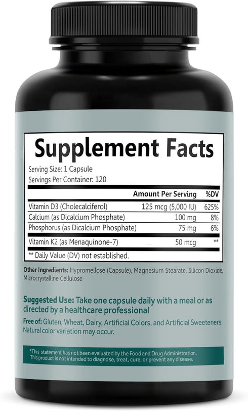 Vitamin D3 K2 - Vitamin D3 5000 IU with Vitamin K2 as MK-7, Calcium, and Phosphorus for Ultimate Absorption - Vitamin D Supplements, 120 Vegcaps, ...