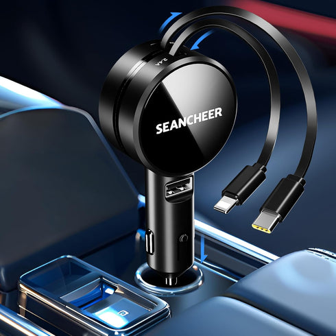 Retractable Car Charger for iPhone and Android Fast Charging, Car Charger with Retractable Cords(2.6Ft), USB-C Ports,Compatible with iphone15/ Pro...