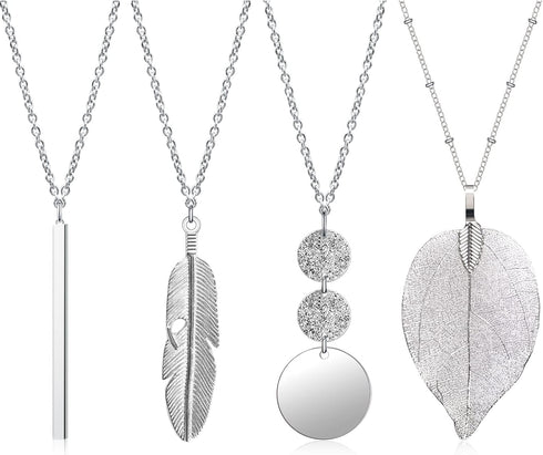 Long Necklaces for Women,4 PCS Fashion Pendant Necklace Jewelry Long Silver Necklaces Set Bar Feather Necklace Circle Leaf Lock Tassel Y Necklace ...