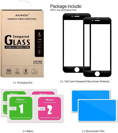 AKWOX AK-GL017BK iPhone 7 8 Screen Protector, Full Cover iPhone 7 Tempered Glass (Pack of 2), Black Edge...