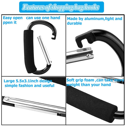 Stroller Hooks by Baby,Large Stroller Hooks for Mommy, 2 pcs Carabiner Stroller Hook Organizer for Hanging Purses, Diaper Bag, Shopping Bags. (Bla...