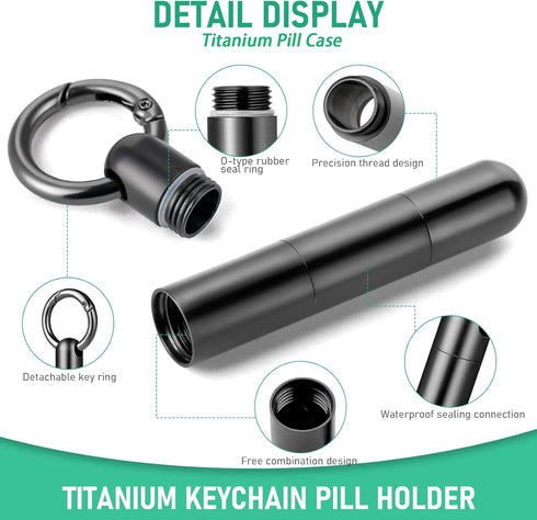 TISUR Keychain Pill Holder,Titanium Pill Case Portable Waterproof Pill Organizer Black Vitamin Container, EDC Pill Box Pill Bottle for Pocket Purs...