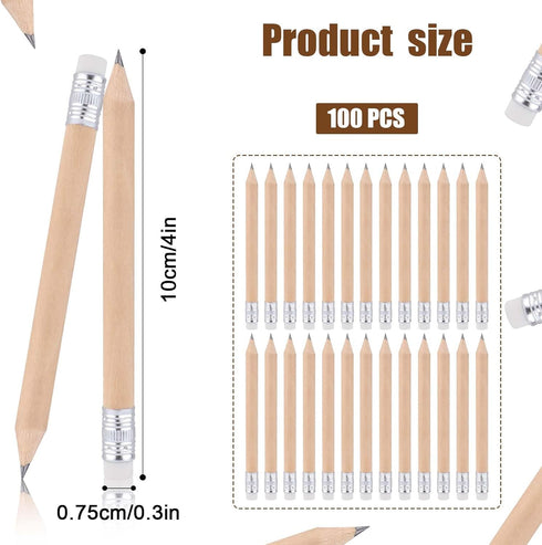 HB Wood Pencils, 100 Pack Mini Round Pencils for Preschoolers, Kids, Artists, Golf Pencils with Erasers, 4 Inch...