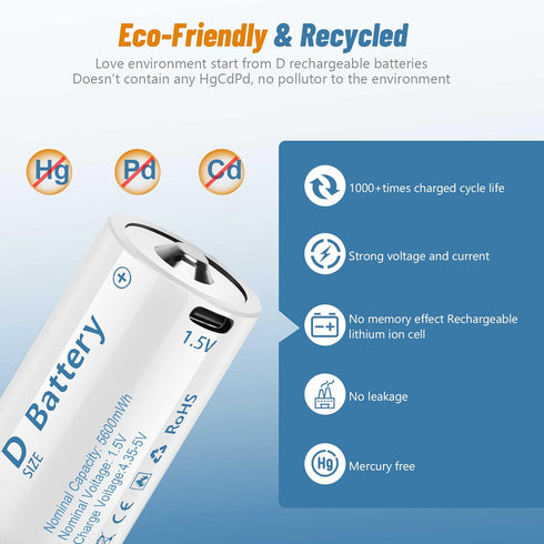 Rechargeable Lithium D Batteries with 4 in 1 USB-C Charging Cable,1.5V D Size Cell Battery 5600mWh for Flashlight (2 Pack)...