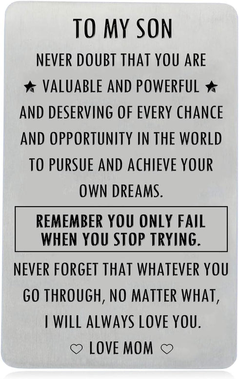 Inspirational Engraved Wallet Inserts to My Son from Mom, Gifts for Son with Motivational Quote, Wallet Insert Cards for Graduation Birthday Gift ...