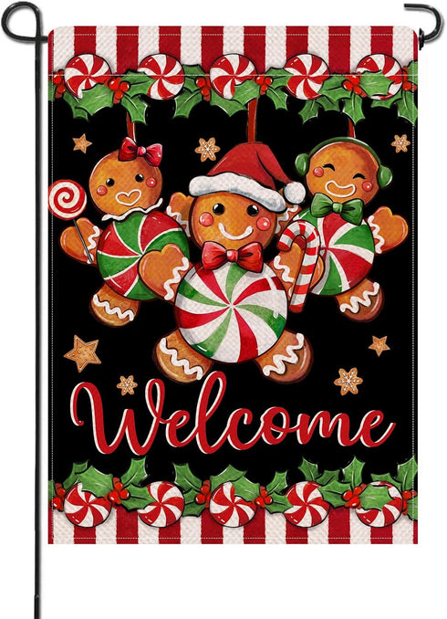 Welcome Christmas Gingerbread Man Small Decorative Garden Flag, Xmas Peppermint Candy Holly Red Berries Yard Lawn Outside Decor, Winter Holiday Fa...