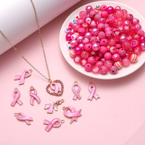 820PCS+ Breast Cancer Awareness Beads Charms for Jewelry Making, Enamel Pink Ribbon Charms Assorted Pink Loose Beads Letter Beads for Bracelet Nec...