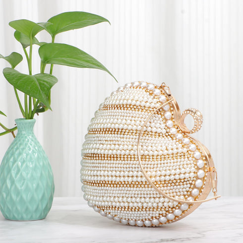 Oweisong Heart Pearl Clutch Purses for Women Cocktail Bride Evening Bag Vintage Wedding Tote Handbag with Chain...