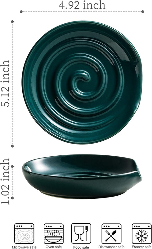 Spoon Rest, Porcelain Spoon Holer with Drip Tray, for Multiple Utensils, Heat-Resistant, Ceramic Spoon Rest for Spoons, Ladles, Tongs, Dark Green...