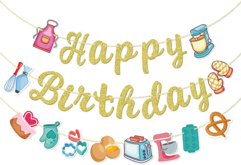 Bake Themed Birthday Banner, Sweet Chef Birthday Banner, Baking Birthday Party Decor, Cookout Themed Party Decorations, Bakery Supplies, Gold Glit...