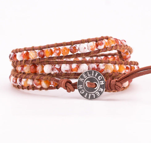 KELITCH Created Fire Agate Beads on Genuine Leather 3 Wrap Bracelet Handmade New Charm summer Jewelry...