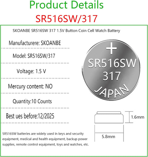 SKOANBE SR516SW 317 1.5V Button Coin Cell Silver Oxide Watch Battery?10-Packs?...