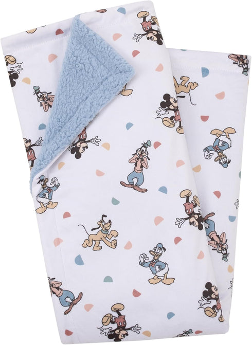 Disney Mickey Mouse Light Blue, White, and Tan Super Soft Sherpa Baby Blanket with Donald Duck, Goofy and Pluto...