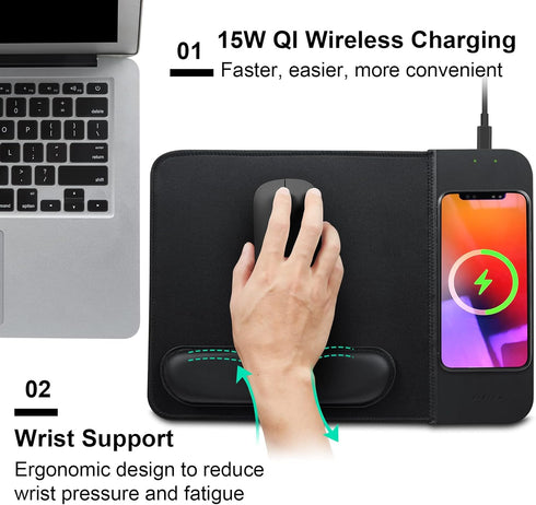 15W Wireless Charging Mouse Pad with Detachable Wrist Support, Fast QI Phone Charger Mouse Mat for iPhone 14/13/12/11/X/8 and Samsung Multiple Mob...
