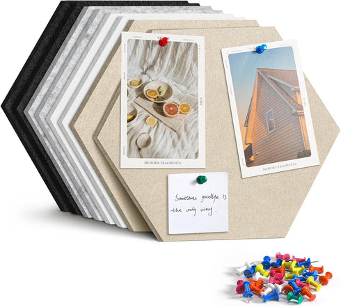 12" Large Bulletin Board with 30 Push Pins, Pack of 8 Hexagon Felt Pin Board Notice Boards for Home Office Kitchen, Felt Wall Tiles for Photos Mem...