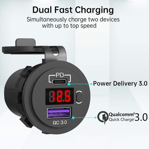 12V USB C Car Charger Socket, Ouffun Dual PD & QC 3.0 Ports 12V USB Car Outlet Adapter with Button Switch, lPhone Fast Charger with 23.7 Inches Wi...